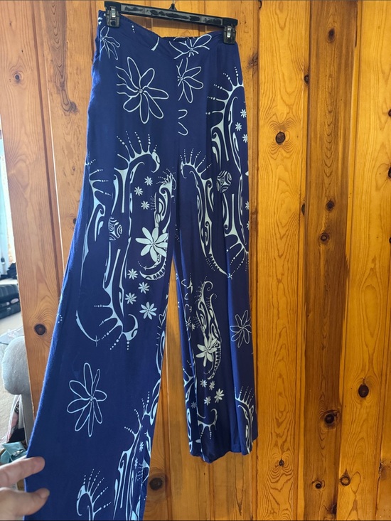 Wahine Toa Design Pants - Wide Leg Floral Print Pants in Navy Blue